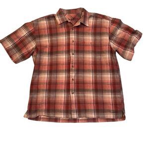 George Strait Linen Blend Light Burgundy Plaid Short Sleeve Shirt Men Sz Large